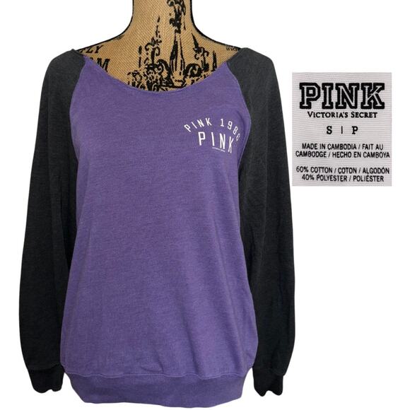 Victorias Secret PINK Off The Shoulder Sweatshirt Purple Black Size Small Y2k - Picture 1 of 5
